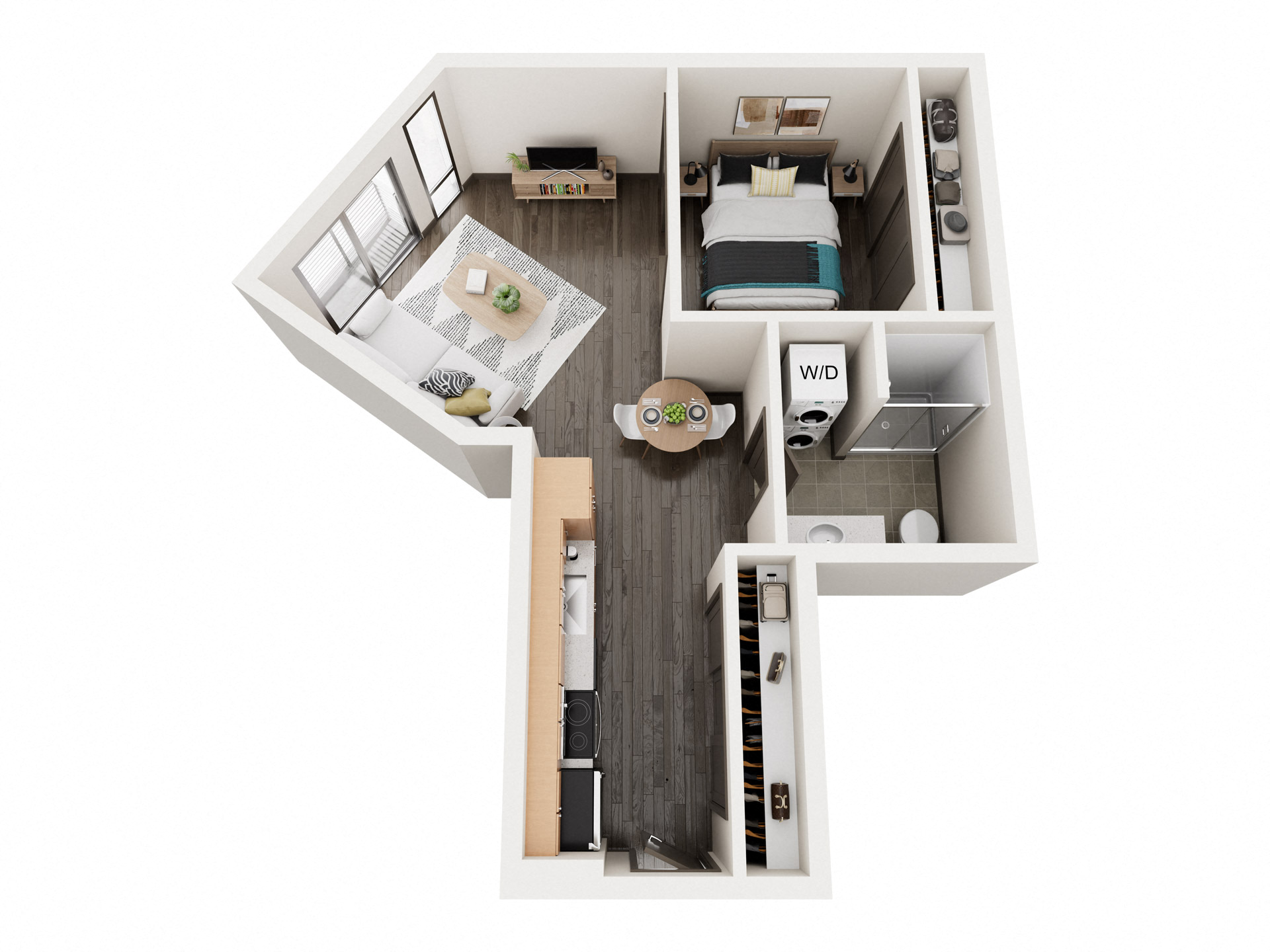 Floor plan for 1 bed, 1 bath, 613 sqft